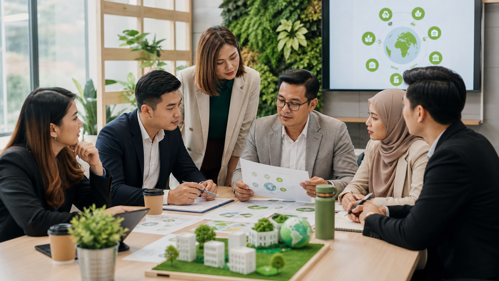 SME leaders discussing ESG governance and sustainability priorities in a modern office