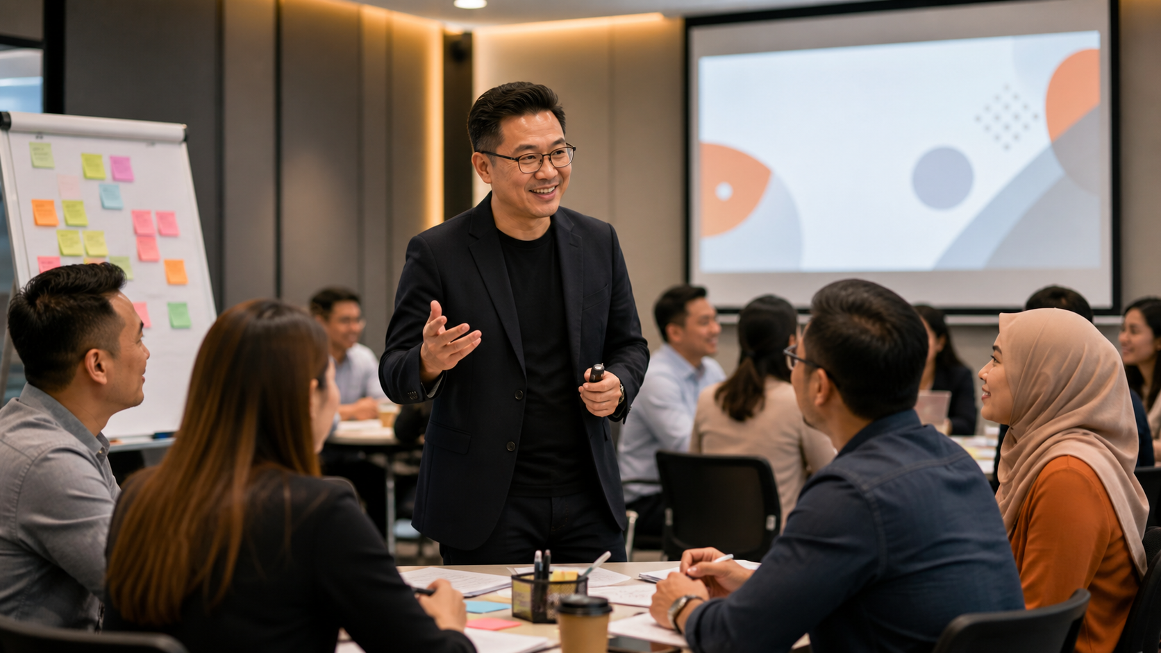 Professional trainer facilitating adult learning workshop for business participants